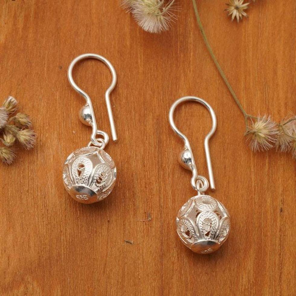 Swaying Ball-Themed Filigree Sterling Silver Dangle Earrings 'Ornate Balls'
