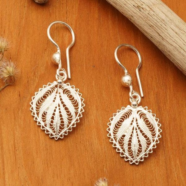 Alternate image for Leaf-Shaped Silver Filigree Dangle Earrings from Java Heart of Leaves