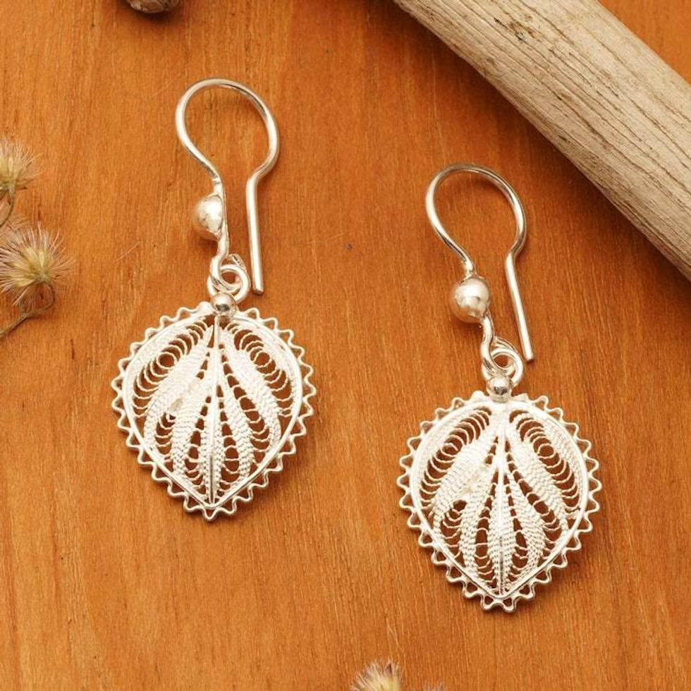 Leaf-Shaped Silver Filigree Dangle Earrings from Java 'Heart of Leaves'