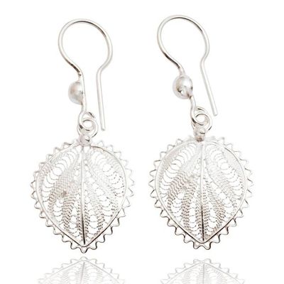 Alternate image for Leaf-Shaped Silver Filigree Dangle Earrings from Java Heart of Leaves