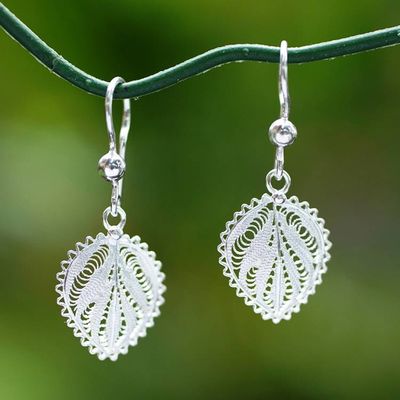 Alternate image for Leaf-Shaped Silver Filigree Dangle Earrings from Java Heart of Leaves