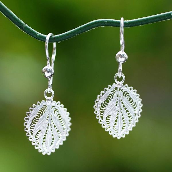 Alternate image for Leaf-Shaped Silver Filigree Dangle Earrings from Java Heart of Leaves