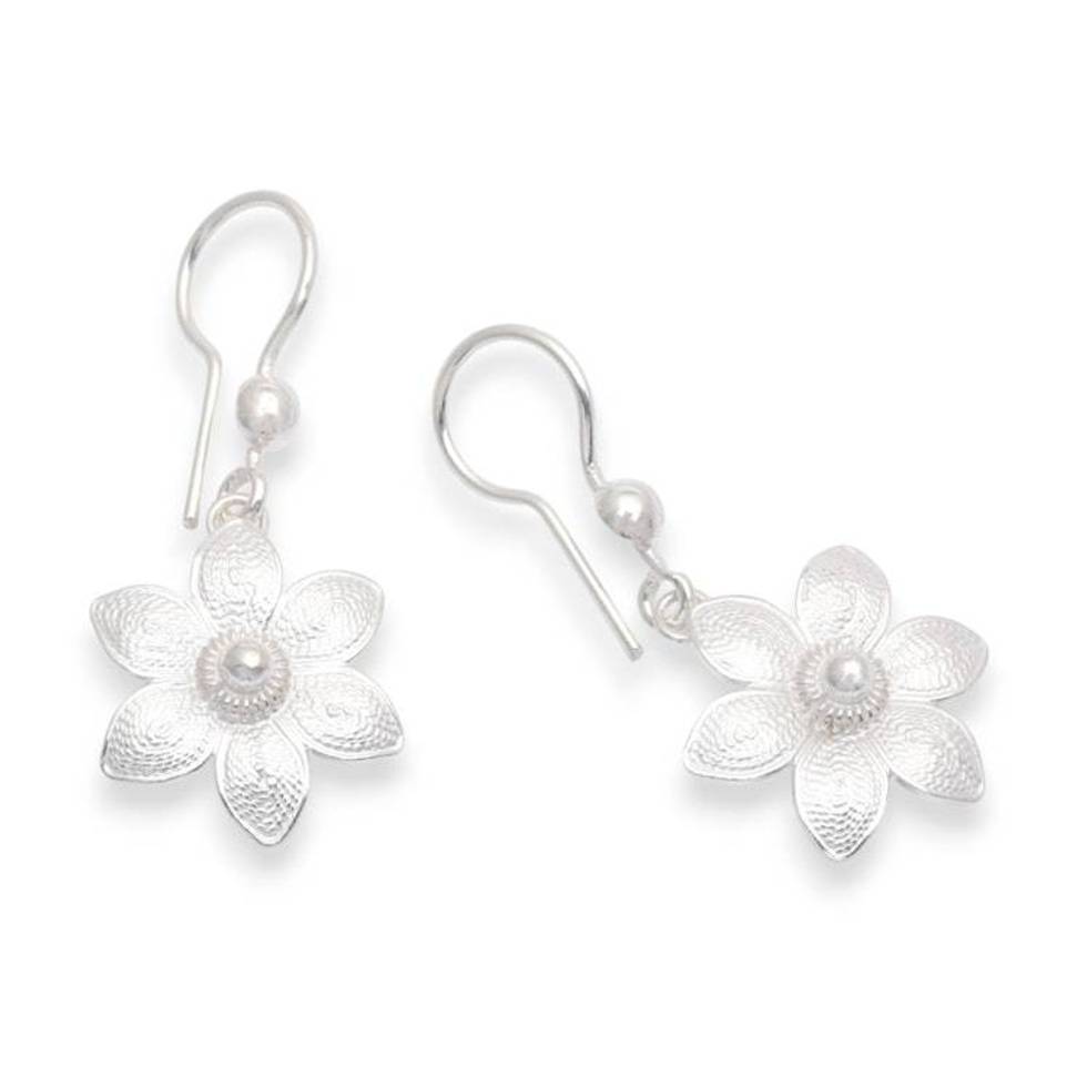 Jasmine-Shaped Filigree Matte Silver Dangle Earrings 'Jasmine Enchantment'