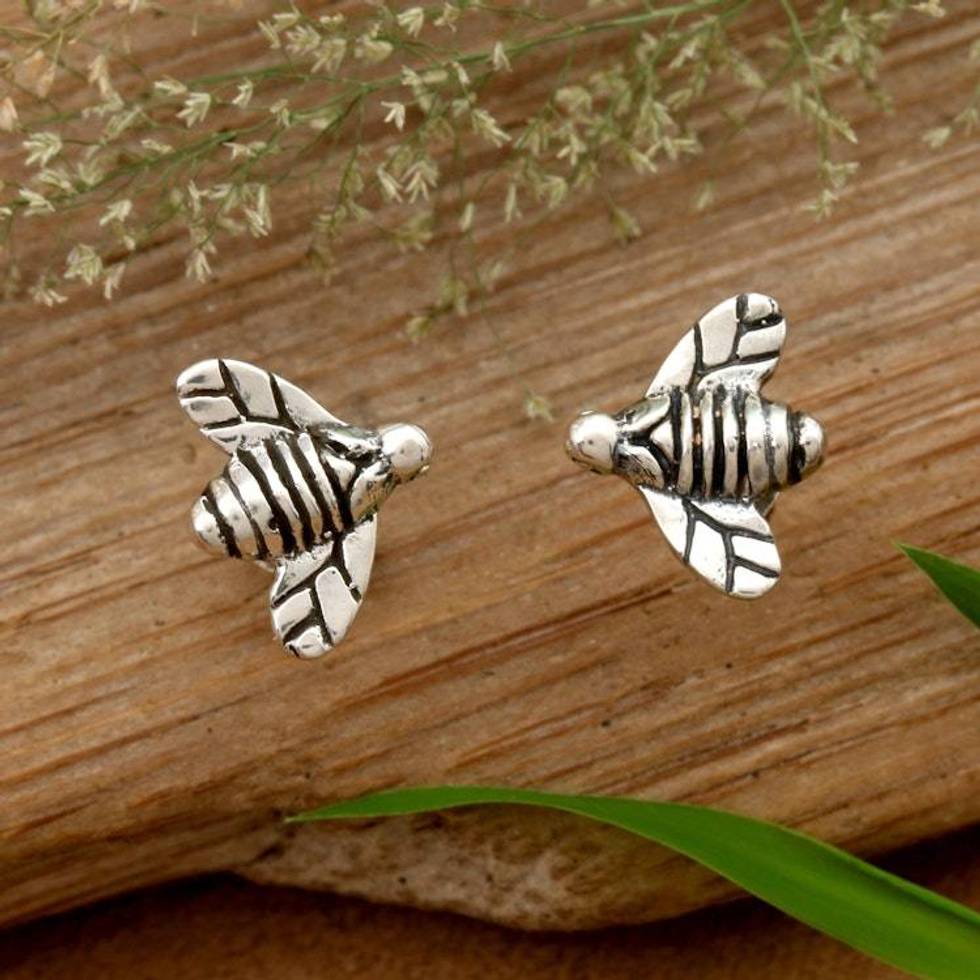 Inspirational Bee-Themed Polished and Oxidized Stud Earrings 'Bee Luminous'