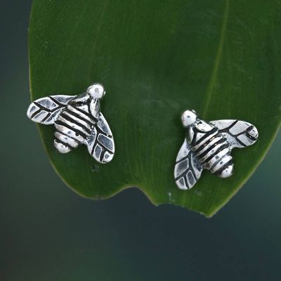 Alternate image for Inspirational Bee-Themed Polished and Oxidized Stud Earrings Bee Luminous