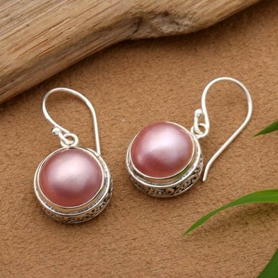 Primary image for Folk Art-Inspired Pink Round Cultured Pearl Dangle Earrings Gianyar Pink