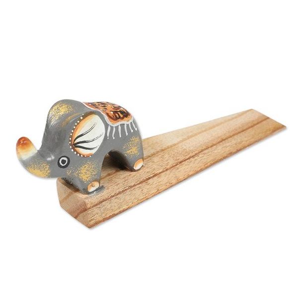 Alternate image for Handcrafted Elephant-Themed Grey Jempinis Wood Door Stopper Tiny Giant