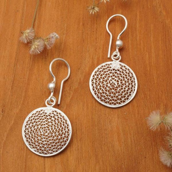 Alternate image for Modern Filigree Mesh Disc Sterling Silver Dangle Earrings Radiant Nests