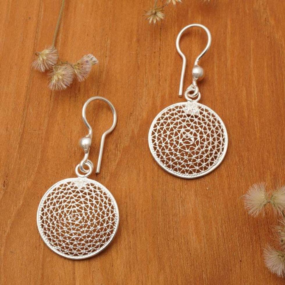 Modern Filigree Mesh Disc Sterling Silver Dangle Earrings 'Radiant Nests'