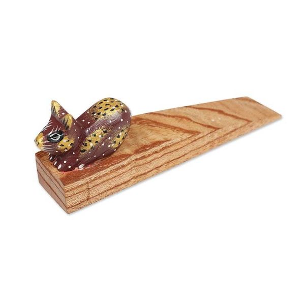Alternate image for Handcrafted Jempinis Wood Door Stop with Painted Cat Feline Entrance