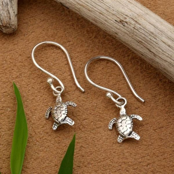 Alternate image for Sea Turtle-Themed Oxidized and Polished Dangle Earrings Swimming Turtle