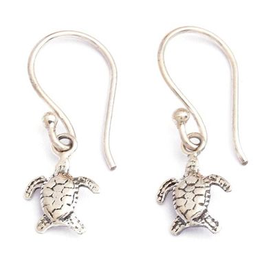 Alternate image for Sea Turtle-Themed Oxidized and Polished Dangle Earrings Swimming Turtle