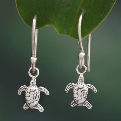 Alternate image for Sea Turtle-Themed Oxidized and Polished Dangle Earrings Swimming Turtle