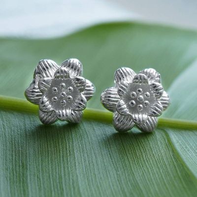 Alternate image for Floral Textured Sterling Silver Stud Earrings from Bali Frozen Freesia