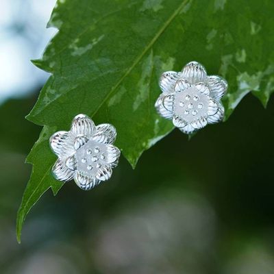 Alternate image for Floral Textured Sterling Silver Stud Earrings from Bali Frozen Freesia