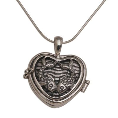 Primary image for Koi Fish Heart Shaped Sterling Silver Locket Necklace Koi Couple