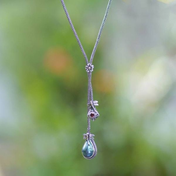 Alternate image for Dragonfly Gold-Accented Mabe Pearl Garnet Lariat Necklace Dragonfly Glam