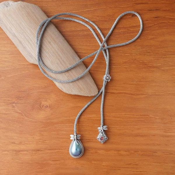 Alternate image for Dragonfly Gold-Accented Mabe Pearl Garnet Lariat Necklace Dragonfly Glam
