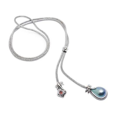 Alternate image for Dragonfly Gold-Accented Mabe Pearl Garnet Lariat Necklace Dragonfly Glam