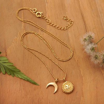 Alternate image for Gold-Plated Necklace with Sun Crescent Moon Dual Pendants Celestial Charm
