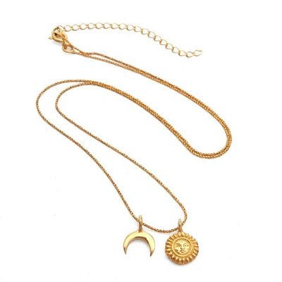 Alternate image for Gold-Plated Necklace with Sun Crescent Moon Dual Pendants Celestial Charm