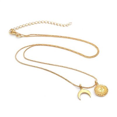 Alternate image for Gold-Plated Necklace with Sun Crescent Moon Dual Pendants Celestial Charm