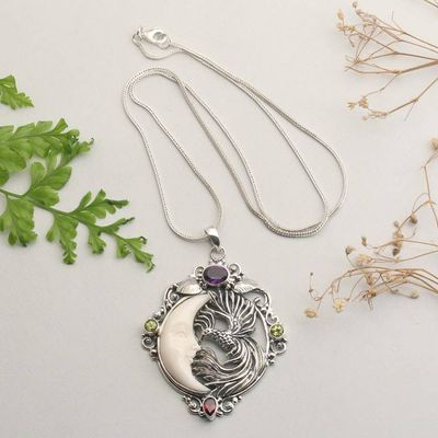 Primary image for One-Carat Multi-Gemstone Peacock and Moon Pendant Necklace Peacocks Night