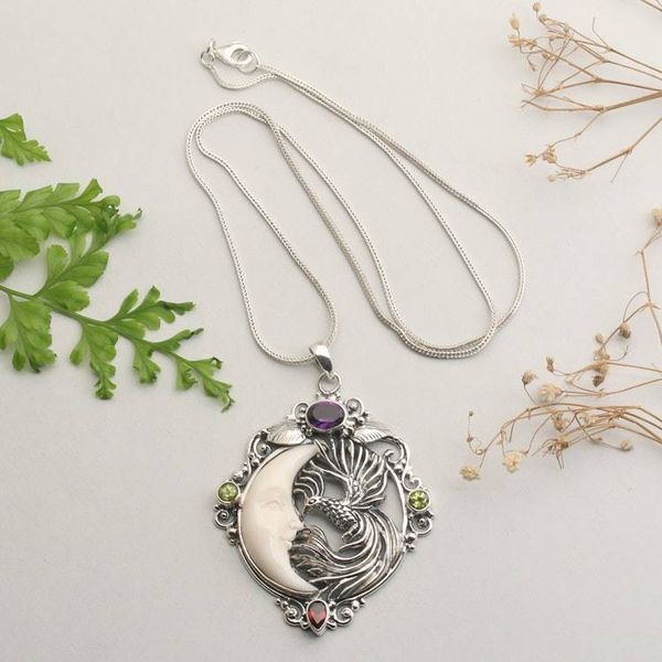 Alternate image for One-Carat Multi-Gemstone Peacock and Moon Pendant Necklace Peacocks Night