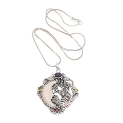 Alternate image for One-Carat Multi-Gemstone Peacock and Moon Pendant Necklace Peacocks Night