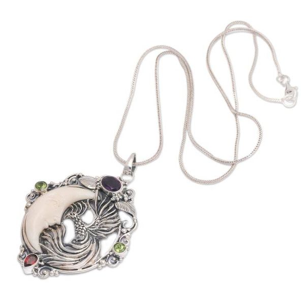 Alternate image for One-Carat Multi-Gemstone Peacock and Moon Pendant Necklace Peacocks Night