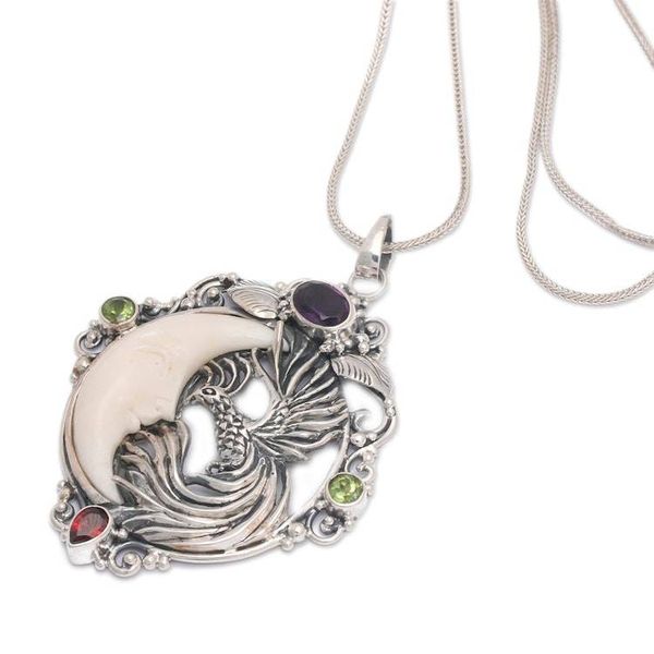 Alternate image for One-Carat Multi-Gemstone Peacock and Moon Pendant Necklace Peacocks Night