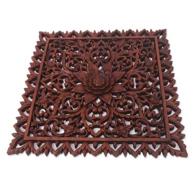 Alternate image for Hand Carved Wood Relief Panel with Floral Motif from Bali Come Into Blossom