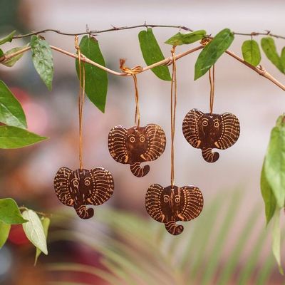 Alternate image for Set of 4 Handmade Coconut Shell Elephant Ornaments Elephant with Golden Tusks