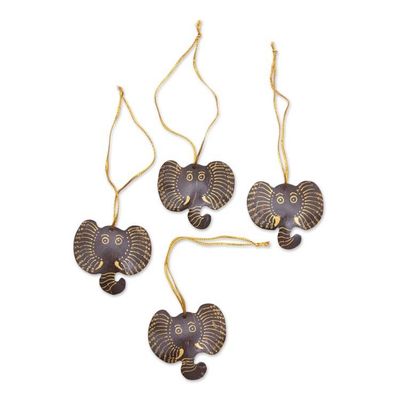 Alternate image for Set of 4 Handmade Coconut Shell Elephant Ornaments Elephant with Golden Tusks