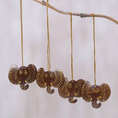 Alternate image for Set of 4 Handmade Coconut Shell Elephant Ornaments Elephant with Golden Tusks