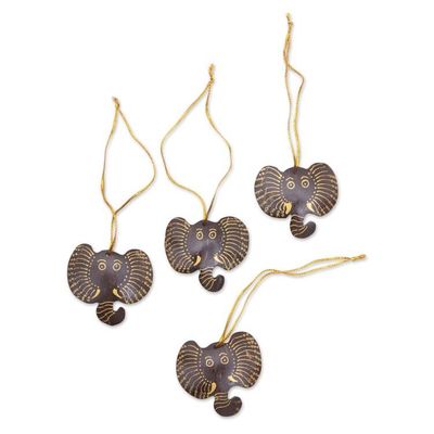 Alternate image for Set of 4 Handmade Coconut Shell Elephant Ornaments Elephant with Golden Tusks