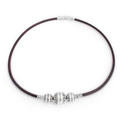 Alternate image for Leather Choker Necklace with Sterling Silver Ball Pendant Bold and Beautiful