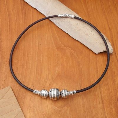 Alternate image for Leather Choker Necklace with Sterling Silver Ball Pendant Bold and Beautiful