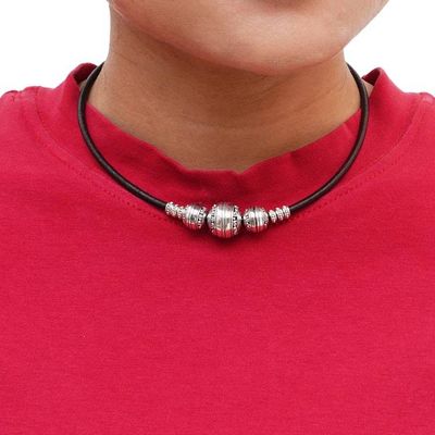 Alternate image for Leather Choker Necklace with Sterling Silver Ball Pendant Bold and Beautiful