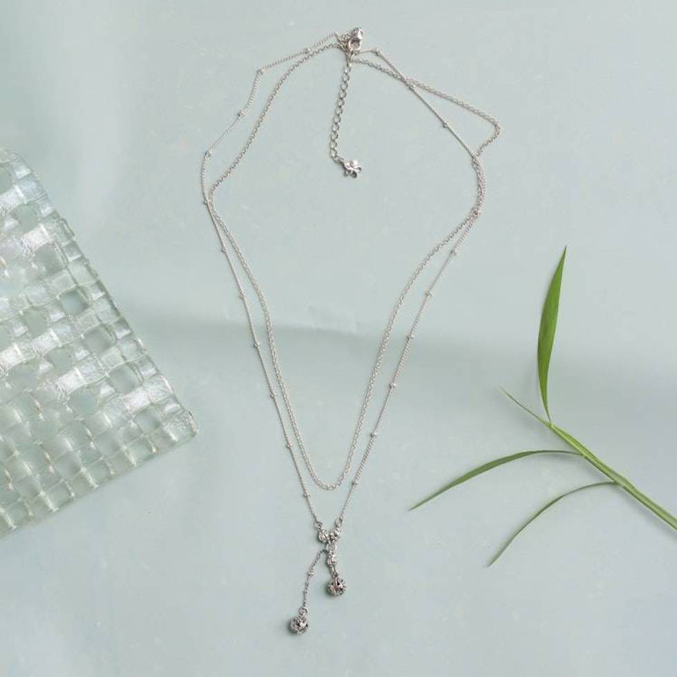 Sterling Silver Two-Strand Lariat Necklace with Vine Motifs 'Layering Flair'