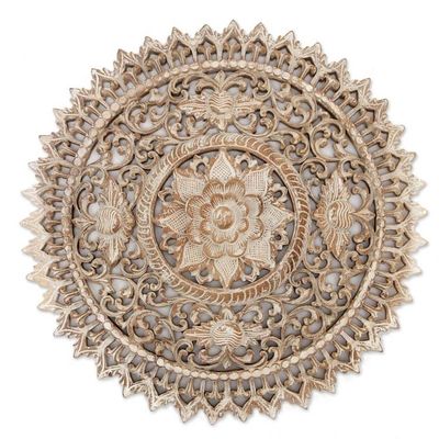 Alternate image for Suar Wood Relief Panel with Lotus Motif Focus on the Lotus