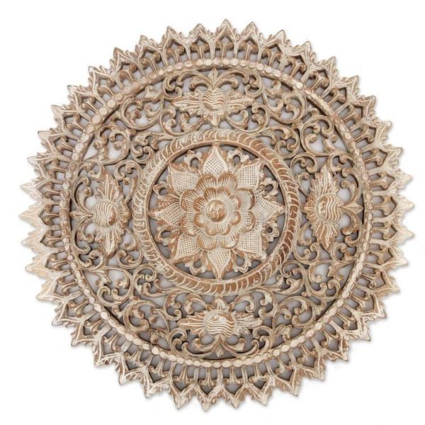 Alternate image for Suar Wood Relief Panel with Lotus Motif Focus on the Lotus