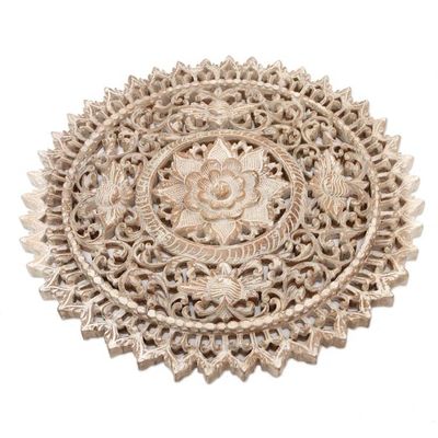 Alternate image for Suar Wood Relief Panel with Lotus Motif Focus on the Lotus