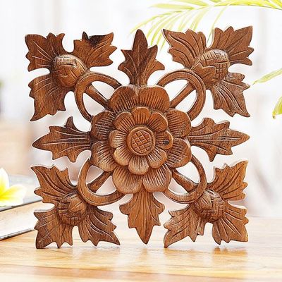 Primary image for Carved Wood Wall Relief Panel of Lotus Blossom Lotus Shield