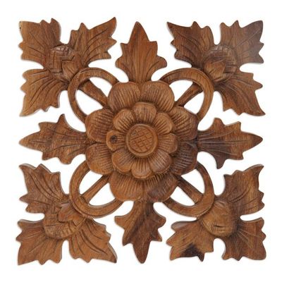 Alternate image for Carved Wood Wall Relief Panel of Lotus Blossom Lotus Shield