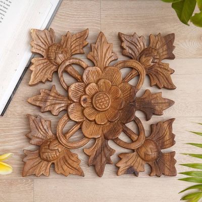 Alternate image for Carved Wood Wall Relief Panel of Lotus Blossom Lotus Shield