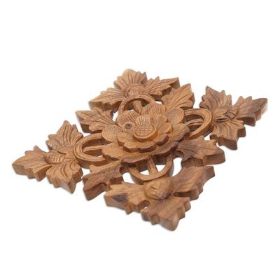 Alternate image for Carved Wood Wall Relief Panel of Lotus Blossom Lotus Shield