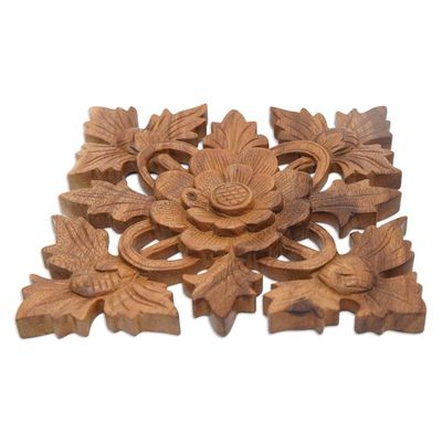 Alternate image for Carved Wood Wall Relief Panel of Lotus Blossom Lotus Shield
