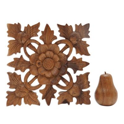 Alternate image for Carved Wood Wall Relief Panel of Lotus Blossom Lotus Shield