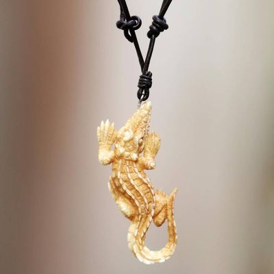 Primary image for Carved Bone Alligator Pendant Necklace on Leather Cord Alligator